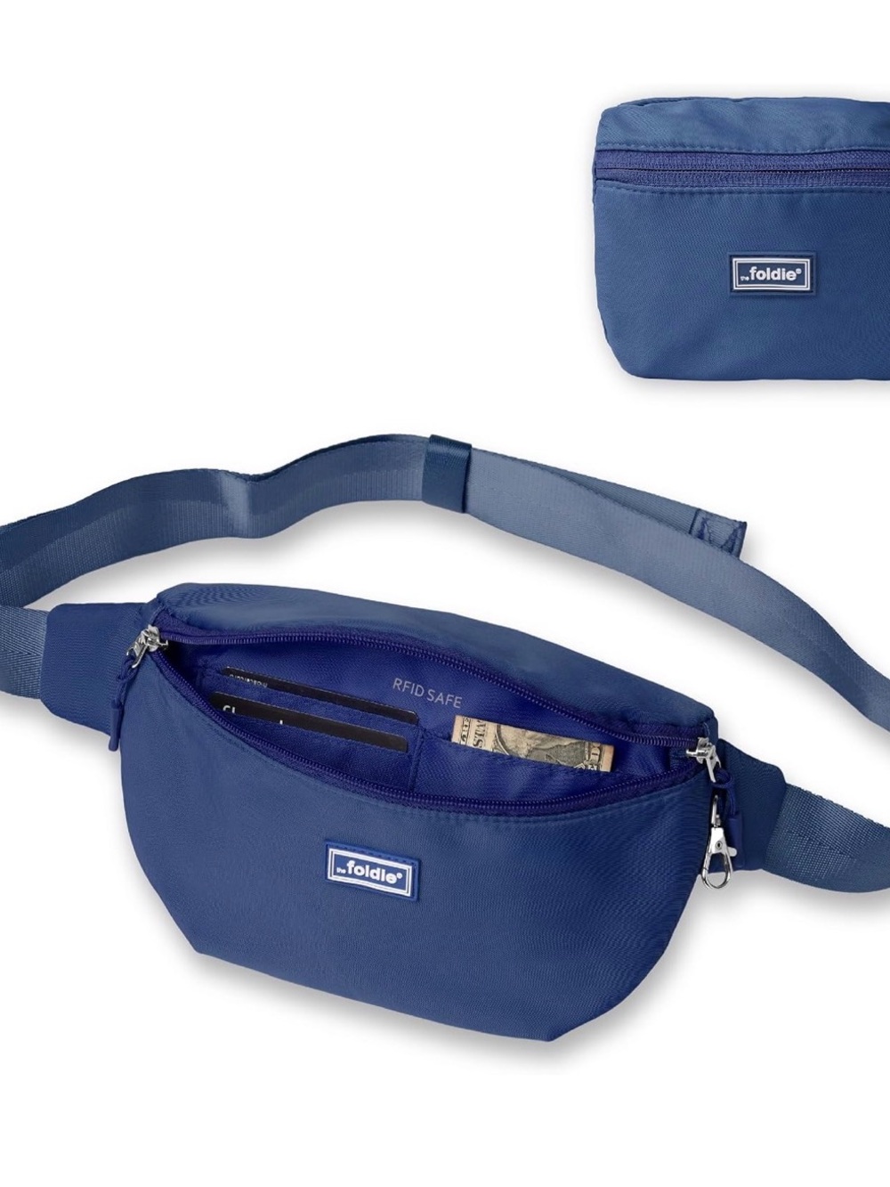 NWT The Foldie Anti-Theft Navy Belt Bag Fanny Pack RFID Travel Crossbody - Picture 1 of 7